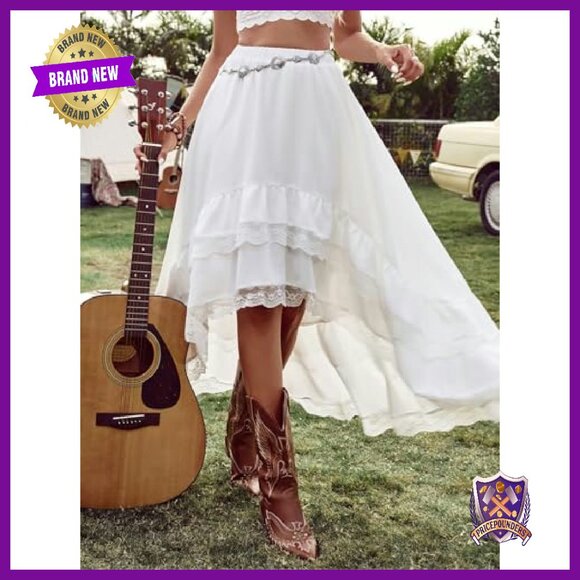 Western Boho Lace Ruffle Asymmetrical Maxi Skirt Flowy Festival - Picture 6 of 8